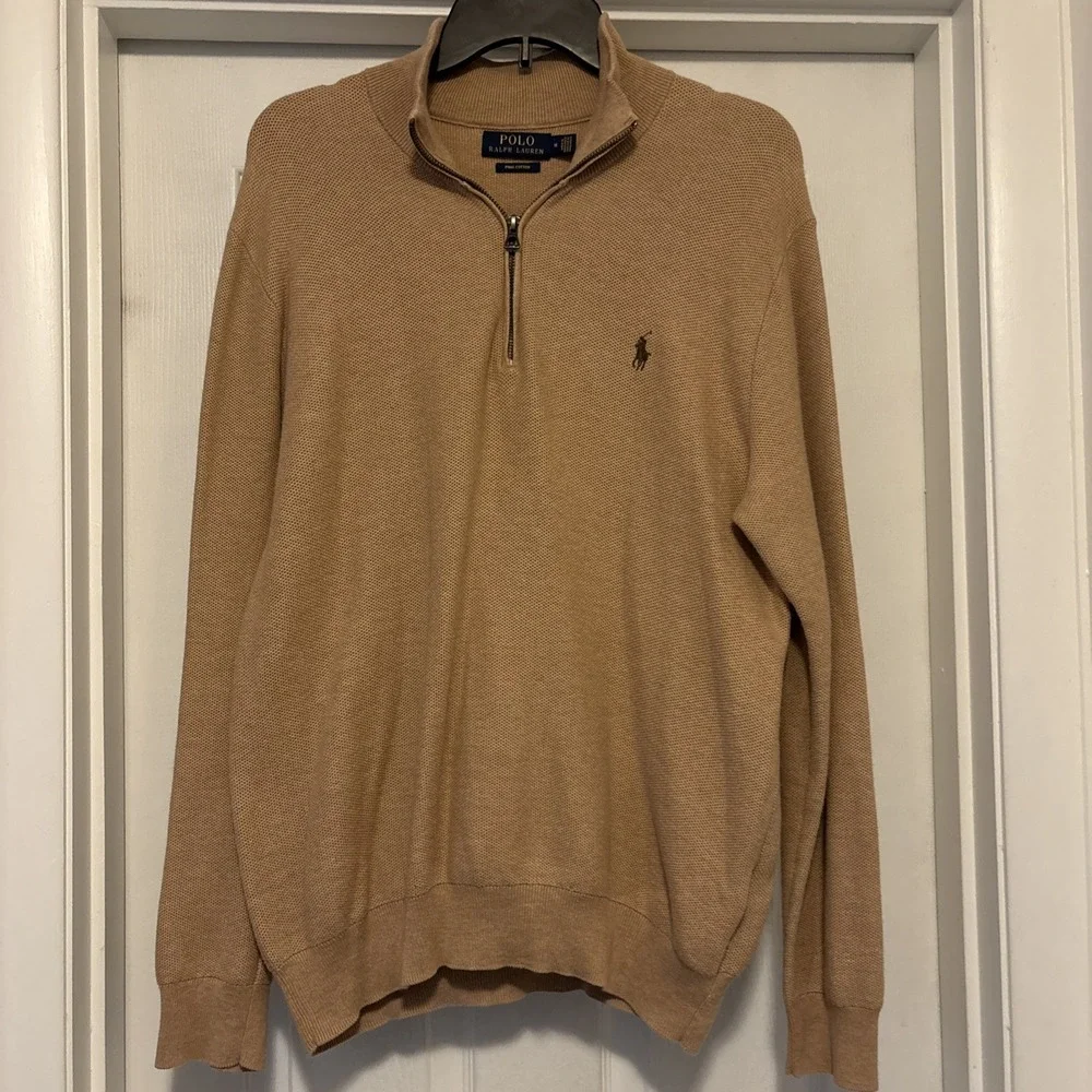 Polo Ralph Lauren Quarter Zip Sweater Camel Pima Cotton Mock Neck Men's M Pony